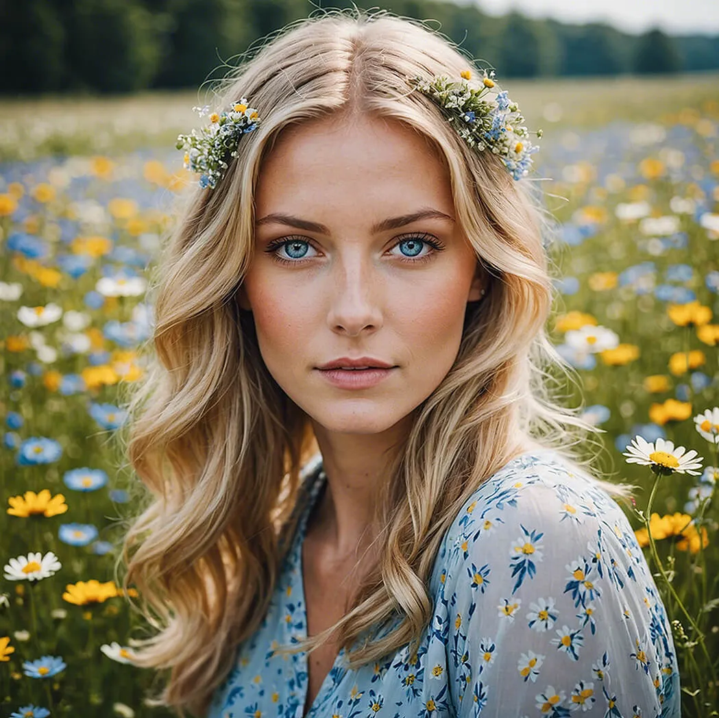 KI generiertes Porträt einer Frau auf einer Blumenwiese