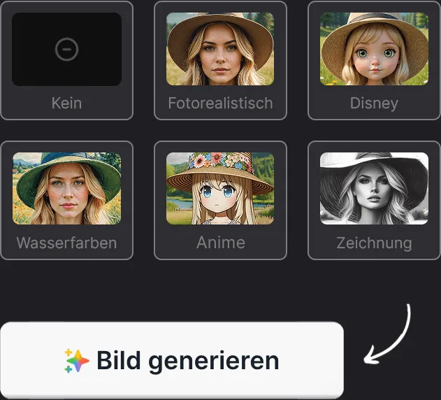 Schritt 3: Stil definieren & generieren - Lege den gewünschten Stil fest, z. B. fotorealistisch, Cartoon, Anime oder Zeichnung. Der Bild Generator erstellt daraus ein individuelles, hochwertiges KI-Bild nach deinen Vorgaben.
